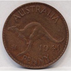 AUSTRALIA 1941 . ONE 1 PENNY . ERROR / VARIETY . PLANCHET FLAW . DIE CRACK . FILLED IN DIE